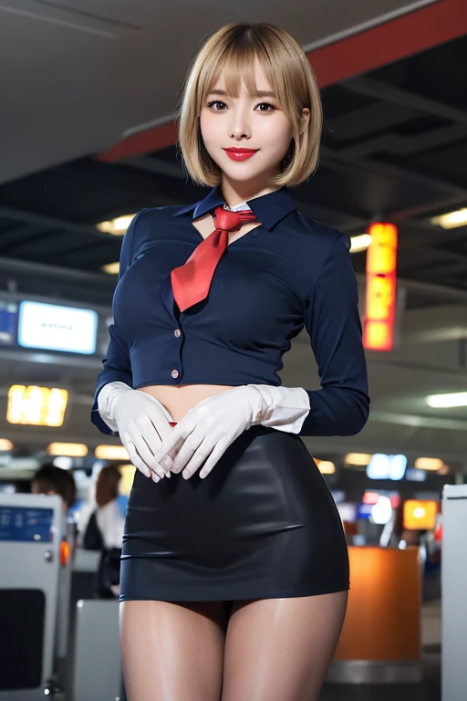 Highest quality,Ultra HD,(((whole body,with legs)))、(((Japanese flight attendant uniform 1.6))), (((Red striped tie, Tight Skirt,best-dressed uniform、Tekast, white formal short gloves,(黒のHigh heels), ((holding a mini microphone)),Japan CA,A small smile,白いTight blouse)))、((navy bowler hat 1.4)), White gloves, High heels、(Realistic:1.4)、(Surreal:1.4)、(Realistic:1.3)、 (Gentle lighting: 1.05)、32K、 One Woman、35-year-old woman、Realistic Lighting、Backlight、Facial Light、Ray Tracing、(bright:1.2)、(Improvement of quality:1.4)、 (Highest qualityのリアルテクスチャスキン)、Beautiful Eyes,delicate and elegant features, White blouse,Tight blouse,tight best-dressed uniform, (Show your body line beautifully:1.1),((Glowing Skin 1.4))、((Blonde short bob 1.5)),Korean Idol、Idol Pose、A small smile,blush,Beautiful actress、A proper woman,whole body, (((Small breasts))),(Perfect teeth alignment),narrow waist and hips,Beautiful feet,Full Shot)、(((charm、Embarrassing))),(eye shadow),((Red cheeks、Red lips)),Very beautiful night view、At night,A small smile,(((Full Shot)))、(((airport terminal background 1.5))),