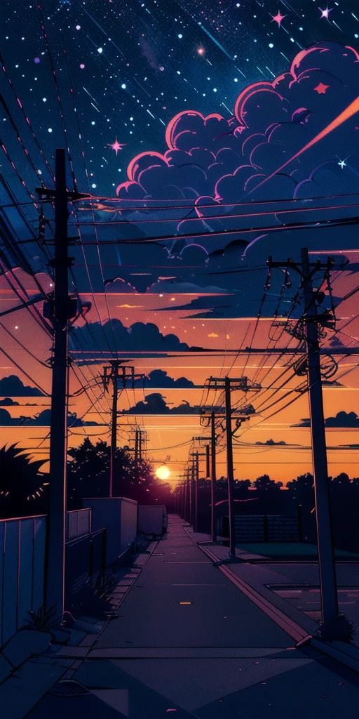 Retro_neon, cloud, null, No humans, scenery, Outdoor, Power lines, sunset, star (null)