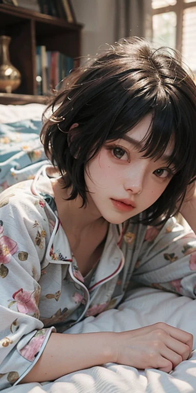 Lying on the bed face down、Cute looking at you, 22 years old, Realistic, She wears a short, She is wearing floral pajamas, short hair.Shoulder Bare、Chest visible from the front