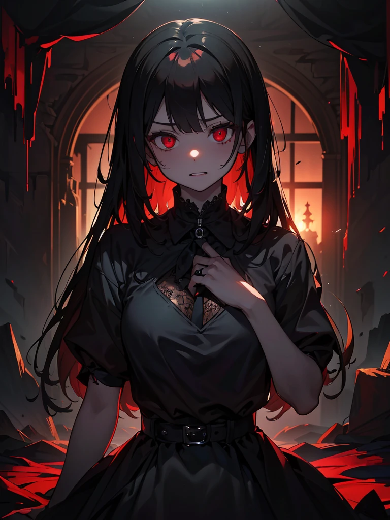 Black maid outfit, whole body, Long black hair,Red eyes,In the spotlight,(It generates high-quality female works with a dark and insane horror movie-like world view centered on black. She has a creepy and attractive physique、whole body黒のファッションスタイルを着ています. The background is a dark and desolate landscape, An atmosphere like a horror movie setting. Her figure is terrifyingly beautiful, Emphasizing dark and insane elements. Light and shadow effects are skillfully expressed, detailed, The face and expression in the black attire are meticulously drawn, Artistic elements add depth to the work. The overall atmosphere exudes an eerie and nightmarish worldview, With a unique artistic touch. This movie is、It depicts the dark and insane world of a horror movie in high quality, Evoke visual stimuli and aesthetic sense, It will give viewers fear and excitement. It produces a work that blends the dark and insane worldview of a horror movie with artistic elements