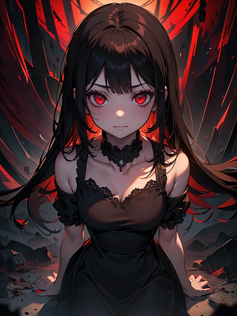 Black maid outfit, whole body, Long black hair,Red eyes,In the spotlight,(It generates high-quality female works with a dark and insane horror movie-like world view centered on black. She has a creepy and attractive physique、whole body黒のファッションスタイルを着ています. The background is a dark and desolate landscape, An atmosphere like a horror movie setting. Her figure is terrifyingly beautiful, Emphasizing dark and insane elements. Light and shadow effects are skillfully expressed, detailed, The face and expression in the black attire are meticulously drawn, Artistic elements add depth to the work. The overall atmosphere exudes an eerie and nightmarish worldview, With a unique artistic touch. This movie is、It depicts the dark and insane world of a horror movie in high quality, Evoke visual stimuli and aesthetic sense, It will give viewers fear and excitement. It produces a work that blends the dark and insane worldview of a horror movie with artistic elements