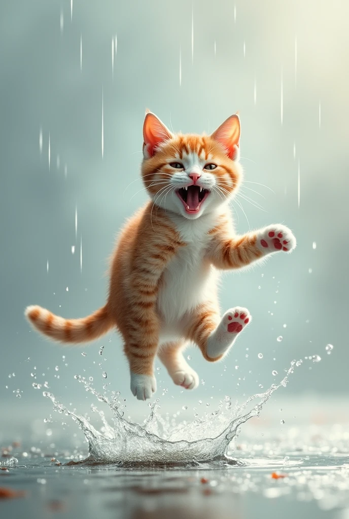 I need simple line art of a cat jumping in the puddle with few rain drops