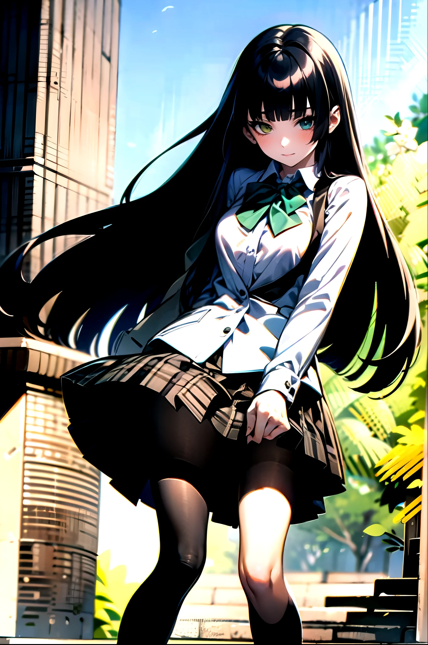 （（super high quality,Ultra-high resolution,4K,8k,super masterpiece,Ultra HD ,Detailed shading））,Full body photo,Morning Park,1 high school girl,Blue-green blazer,White dress shirt unbuttoned to the second button,A bright yellow striped bow tie,Brown plaid mini skirt,Skirt blown up by the wind,hold the skirt in place with one hand,Hold your head with your hands,black tights,Long black straight hair,Side-swept bangs,Heterochromia of orange and green,Sharp gaze with raised eyebrows,Laughter,blush,Embarrassing,Leaning the body diagonally and tilting it forward,