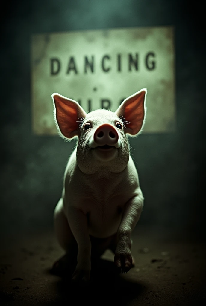 Close up on an old screen showing the final scene of "The Dancing Pig". The image focuses on the pig's head making “peculiar” gestures, with a cryptic expression. The screen is shrouded in shadows and dramatic lighting to enhance the mystery. At the top of the image, The phrase "O que realmente significa o final de ‘The Dancing Pig’?" appears in large, intriguing letters, creating a sense of curiosity and suspense.