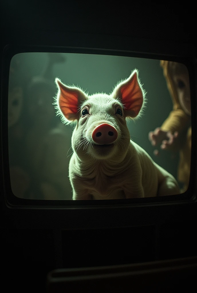 Close up on an old screen showing the final scene of "The Dancing Pig". The image focuses on the pig's head making “peculiar” gestures, with a cryptic expression. The screen is shrouded in shadows and dramatic lighting to enhance the mystery. At the top of the image, The phrase "O que realmente significa o final de ‘The Dancing Pig’?" appears in large, intriguing letters, creating a sense of curiosity and suspense.