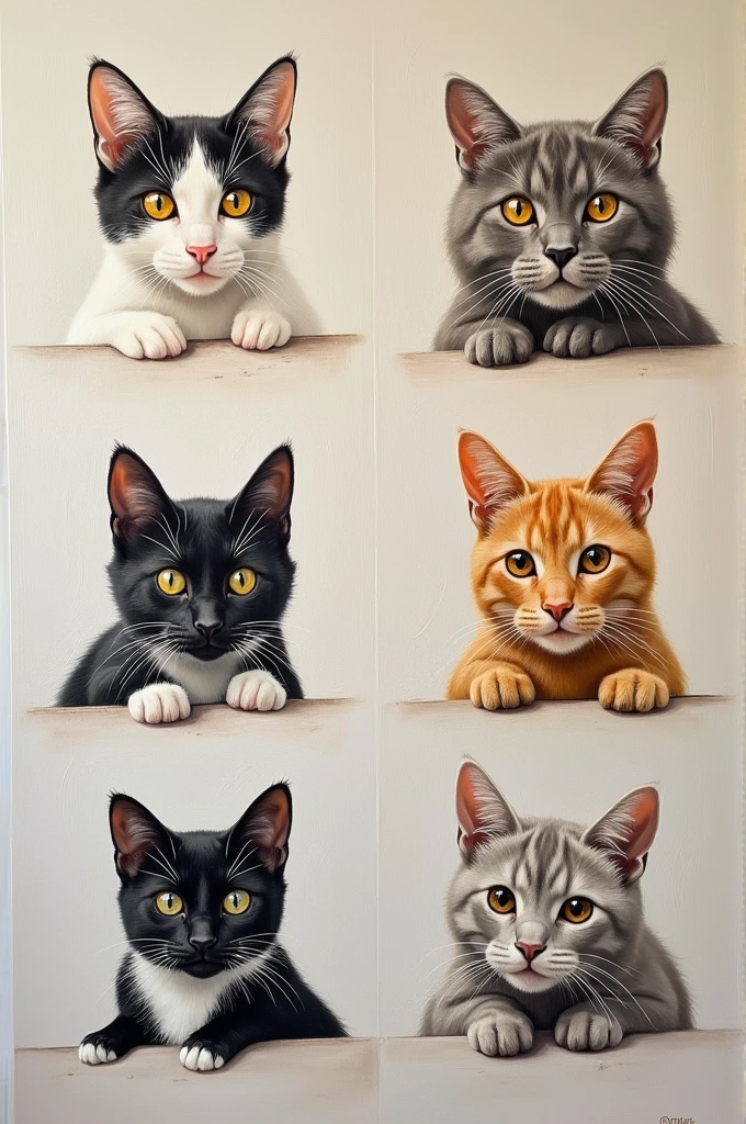 An oil painting canvas with 6 cats drawn in squares, realistic drawings
