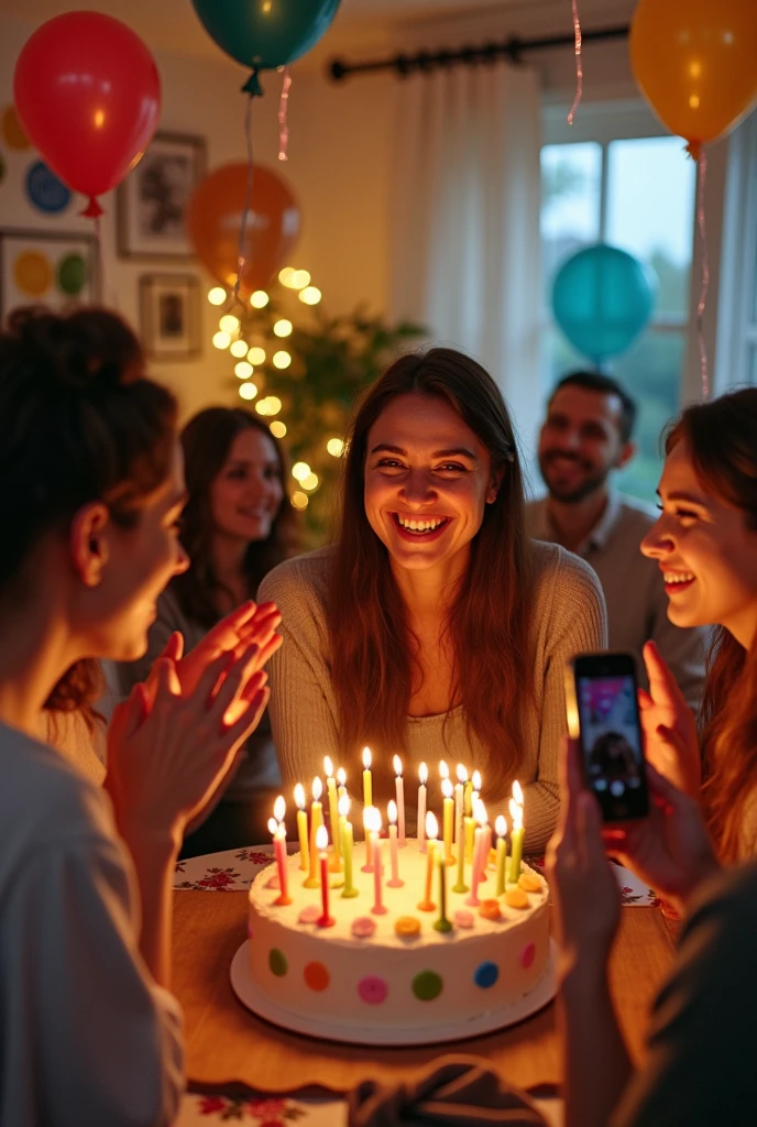 Friends celebrating birthday of their friend with cutting cake and clapping
