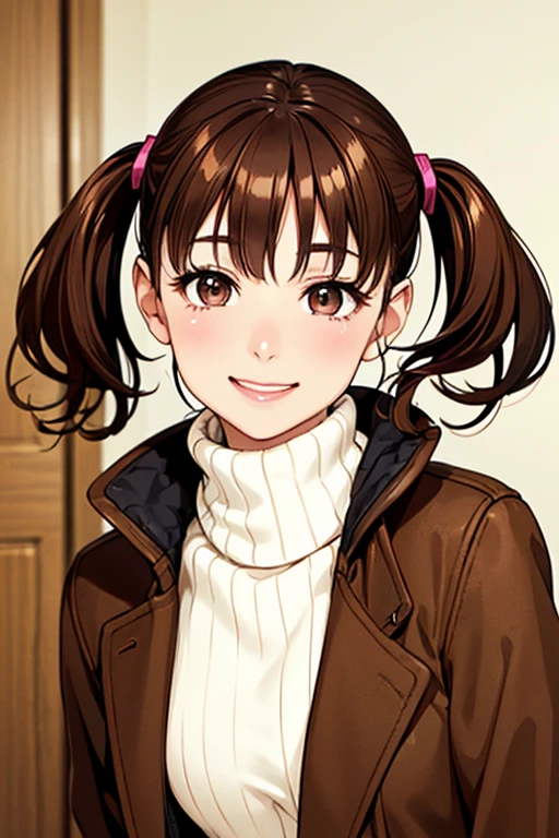 Yumi Fukuzawa、Shiny brown hair,Medium Hair, 、(( , Twin tails、)),Beautiful brown eyes、Sparkling eyes, fine grain、smile、Very fine eye、Highly detailed face, Highly detailed eyes,Cowboy Shot、

masterpiece、High resolution、High resolution、High resolution、1 female、Very close、
((Depiction of only the upper body、chest))、((Brown Hair、))、優しいsmile、Laughing with your mouth open、Pink Lip Gloss、((Wear a brown coat over a white turtleneck sweater))
 