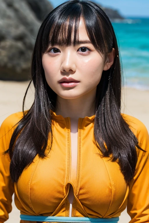 masterpiece, Highest quality, Unreal Engine, Super Resolution, Very detailed, Complex, colorful, Clear images, Sharp focus, Digital Blending,
One beautiful woman, One Japan actress, ashidamana, Perfect Eyes, Perfect Face, Ultra detailed hair, Ultra detailed face, Very detailed lips,Vivid expression, Healthy Body, Detailed sweat glands of beautiful and cute real Asian mix, Smooth skin texture, Carefully drawn,
(humidity:1.2), Beautiful Eyes, (Attractive face:1.2), (Beautiful Skin), (Big Breasts), (Super glossy wetsuit), Puffy nipples, Tight waist, Sticky with sweat, (Oily skin), oily suit, In a dynamic pose,
Studio Photo, Outdoor, At the Beach, cowboy shot,