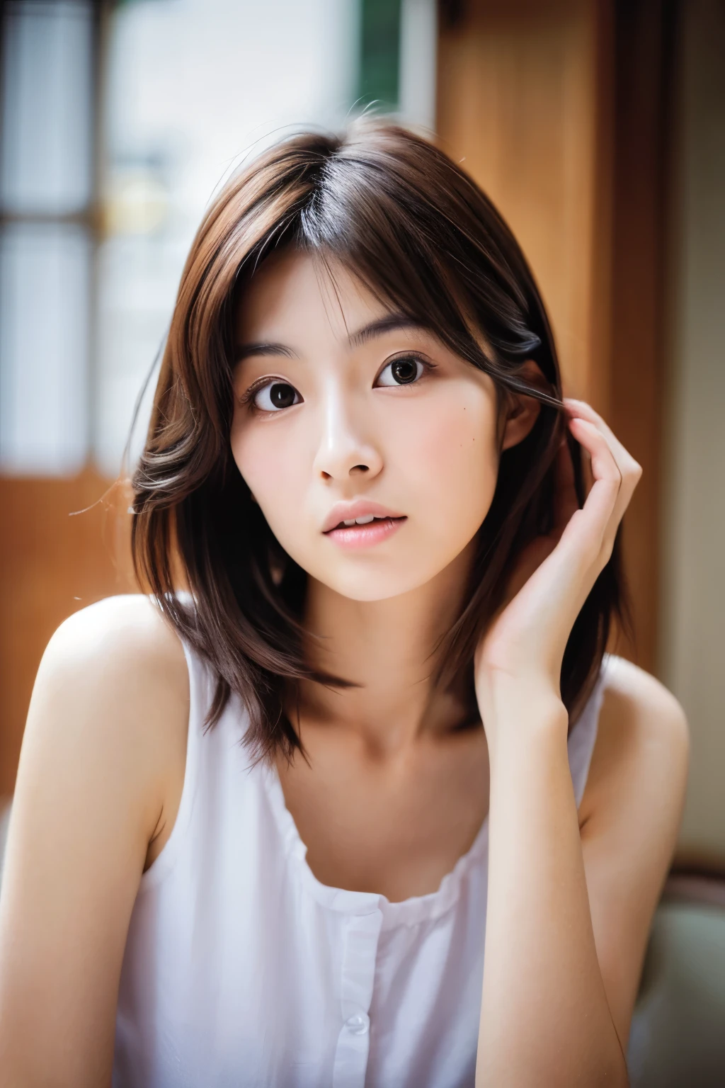 Masterpiece, Photogravure, High quality, High resolution, a photo captured the beautiful moment of a skinny Japanese woman, 24 years old, {long|short} hair, cute face, detailed face, detailed eyes, anatomically correct body