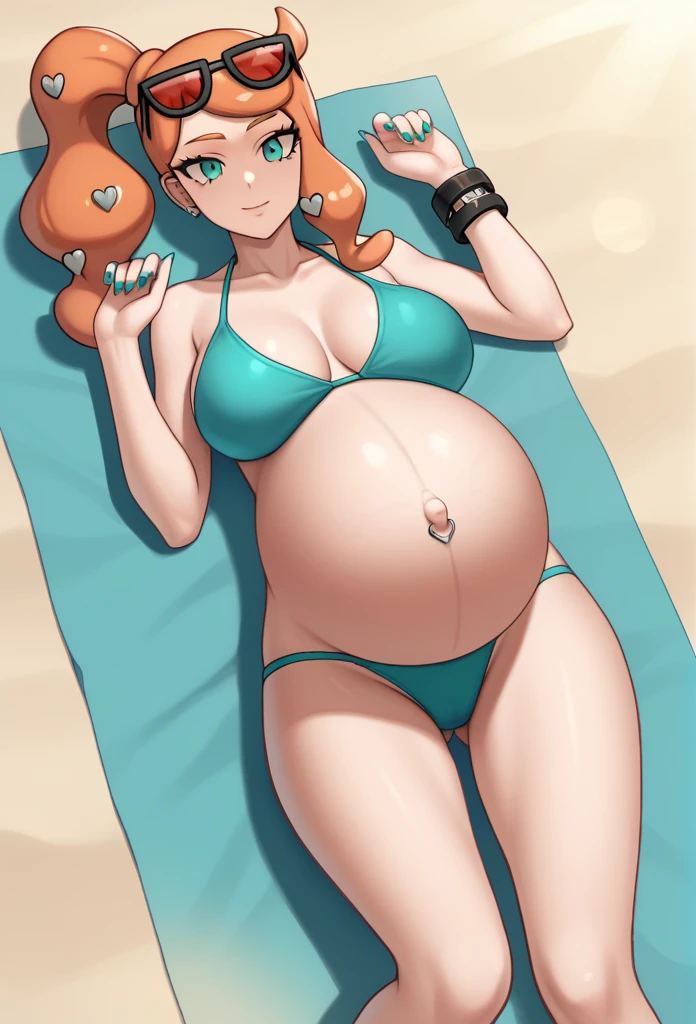 score_9, score_7_up BREAK solo,EPpkSonia,orange hair, side ponytail, aqua eyes, long hair, eyewear on head, sunglasses, heart hair ornament, best quality, clear face, 1girl, aqua bikini, pregnant, big belly, Belly button piercing, cleavage, bracelet, collarbone, panties, nail polish, aqua nails, aqua toenails, beach, looking at viewer, cowboy shot, solo, pregnant, possing, Lying down, rubbing her belly
