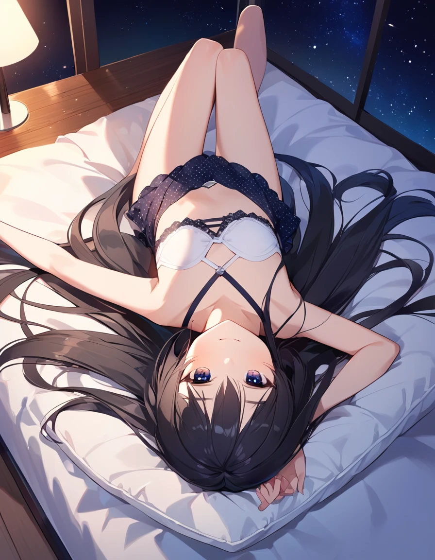 Girl, cute, adorable, looking up at here, full body, straight hair, long hair, black hair, looking at the camera, bedroom, night, starry sky, smiling, Bralette, lying on bed, (on back:1.3), (put head on pillow:1.3), from above
