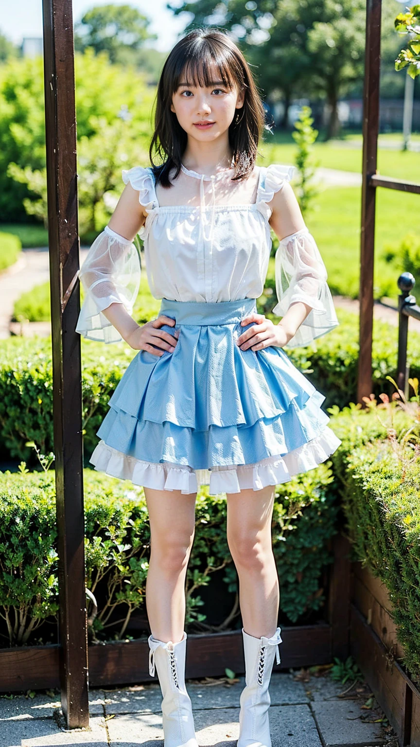 (8k、RAW Photos、Highest quality、masterpiece:1.2)、(Realistic、Realistic)、1 person、((White, black and light blue mini skirt、blouse、See-through、Frills、Shoulder visible、garden、Breast enlargement、boots、ribbon、Thin legs、whole body、View from the front、Looking into the camera、Stand with hands on hips))、cute