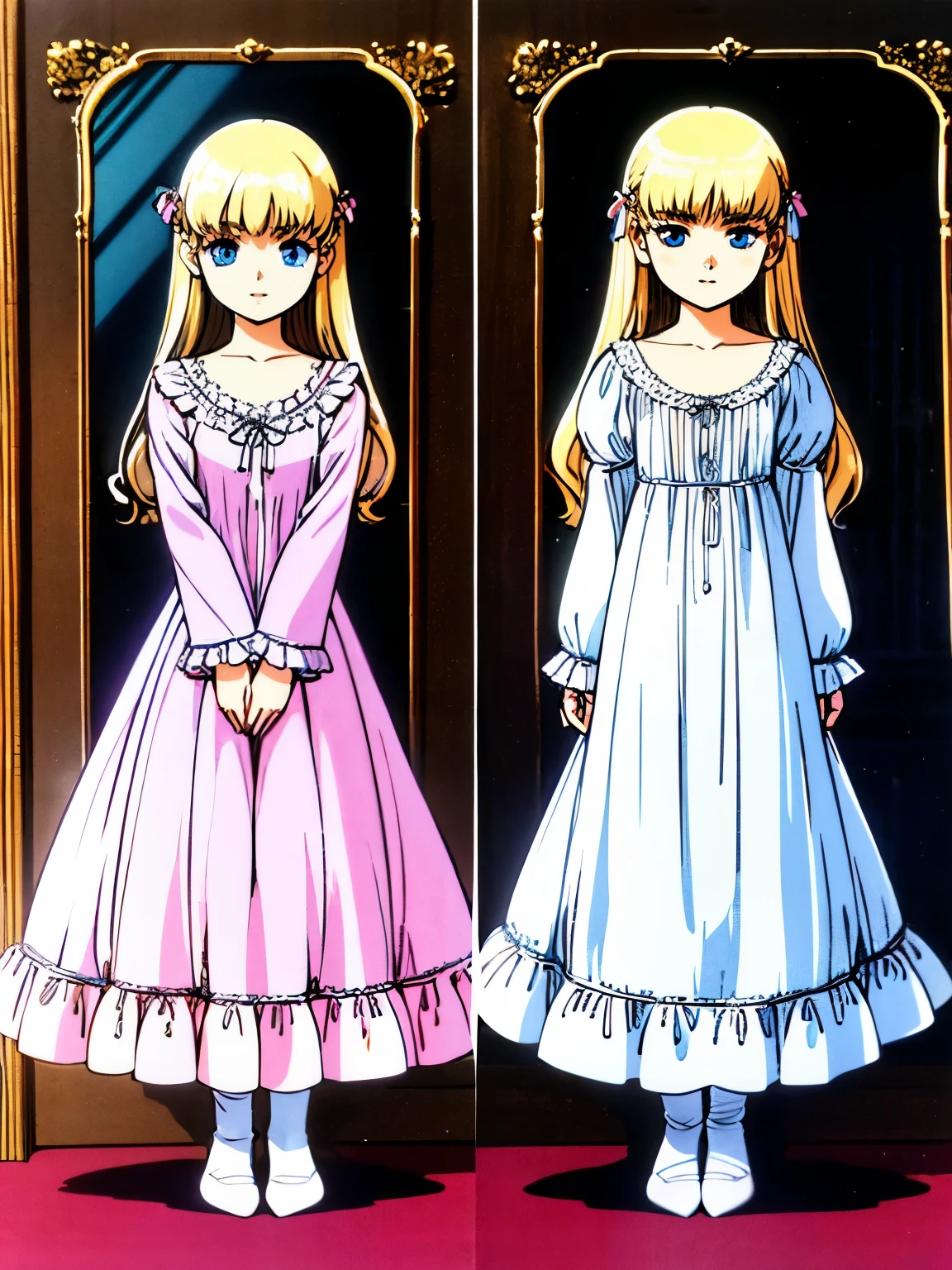 highest quality, masterpiece, highest resolution, artwork, super get used to it, many become familiar with, become familiar with, get used to it,change,(),girl, ((((10 y,european,Blonde long hair,blue eyes,night wear,((((white nightgown)))),((フリルとリボンの付いたwhite nightgown)),((1920 style nightgowns)),((Nightcap with frills and ribbon)),victorian nightgowns,Yoke collar with ruffles and ribbons,Long sleeves with ruffles,Long skirt up to the ankle,((The whole body is reflected)),Before bedtime,White ruffled socks,