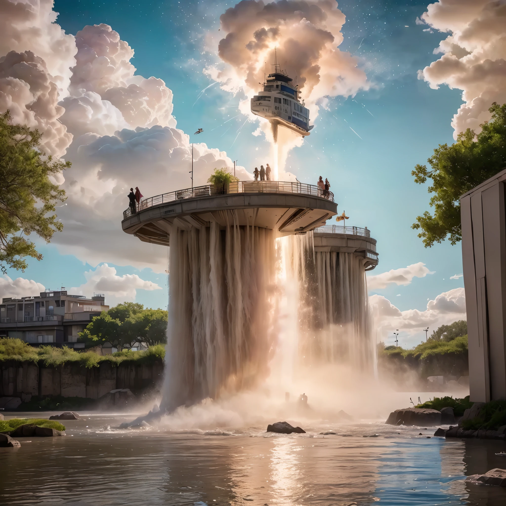 (8k, highest quality, masterpiece, final fantasy style: 1.2), (unRealistic, photoRealistic: 1.37), Dreamy landscape, Fantasy, Unsurreal landscapes, Super detailed, Flying Castle, Floating Island in the Sky, Seven-colored swirl of light, Intense lightning, nebulas,Complex Light, Colored light, blue clear Large Lake, Starry sky reflected on the lake surface, Countless shining stars, Meteors, Reflections , (A pillar of light emanated from the ground:1,2), (((roses and orchids gardens , bright day , pink and blue clouds, waterfalls in the sky, realistic style, Hyperrealistic drawing, a flying pirate spaceship floating high above the clouds)))) , burning skyscrapers, , timeless realms, stunning princess , casting spell, healing light magic effect, in a magical lagoon of the fairyland, crystal clear water surface reflections, sharp focus, looking at viewer, (close-up:0.9), (bright white theme:1.2), (bright white tone:1.2), (deep blue tone:1.3),((( realistic, Hyperrealism, vivid colours , landscapes , alien nature , science fiction themes))),