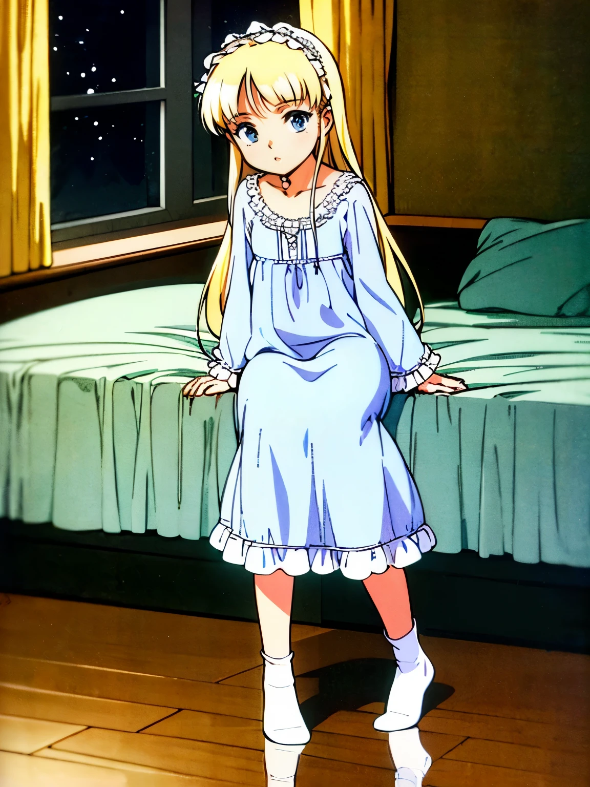 highest quality, masterpiece, highest resolution, artwork, super get used to it, many become familiar with, become familiar with, get used to it,change,(),girl, ((((10 y,european,Blonde long hair,blue eyes,night wear,((((white nightgown)))),((フリルとリボンの付いたwhite nightgown)),((1920 style nightgowns)),((Nightcap with frills and ribbon)),victorian nightgowns,Yoke collar with ruffles and ribbons,Long sleeves with ruffles,Long skirt up to the ankle,((The whole body is reflected)),Before bedtime,White ruffled socks,