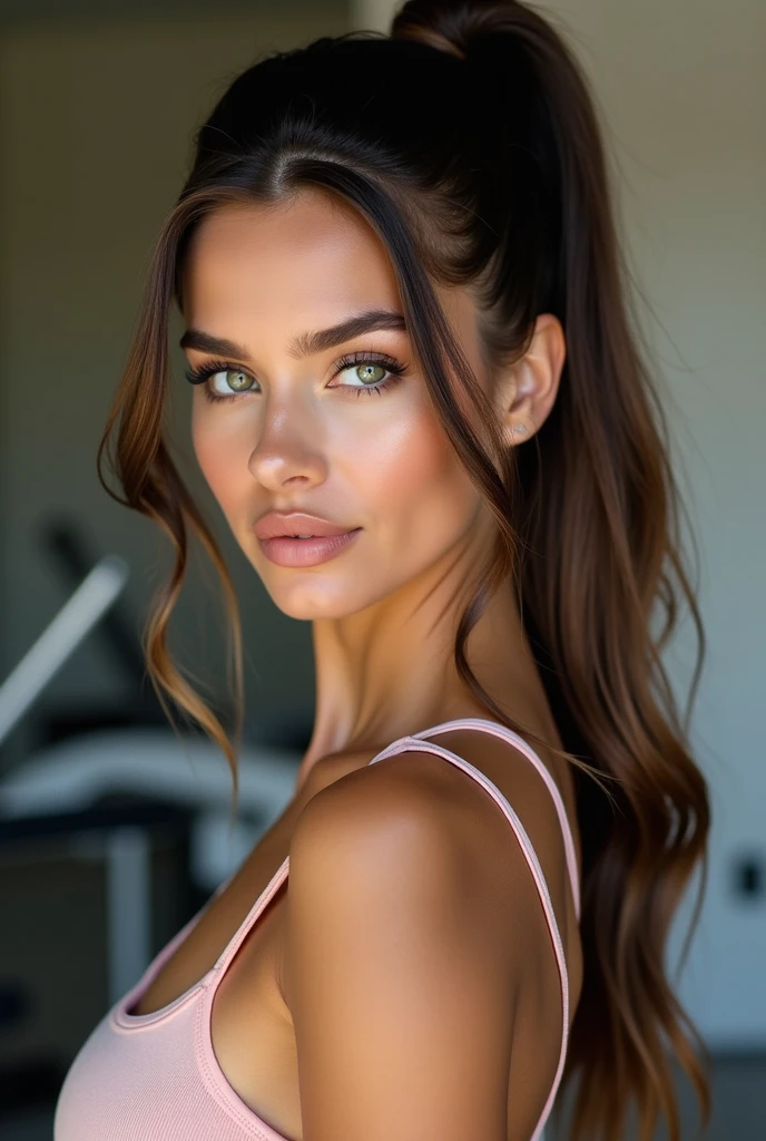 "Create an image of a 25-year-old woman with a fit and athletic build. She has long, straight blonde hair, green eyes, and a fair complexion. Her lips are full and well-defined, suggesting they may have been enhanced. The woman should have a confident and strong presence, with a focus on her fitness-oriented lifestyle. She is dressed in stylish, high-end fitness wear, possibly a matching sports bra and leggings set in neutral or pastel colors. The background should be minimalistic, perhaps in a sleek gym setting or a plain, light-colored studio backdrop, to keep the focus on the model."