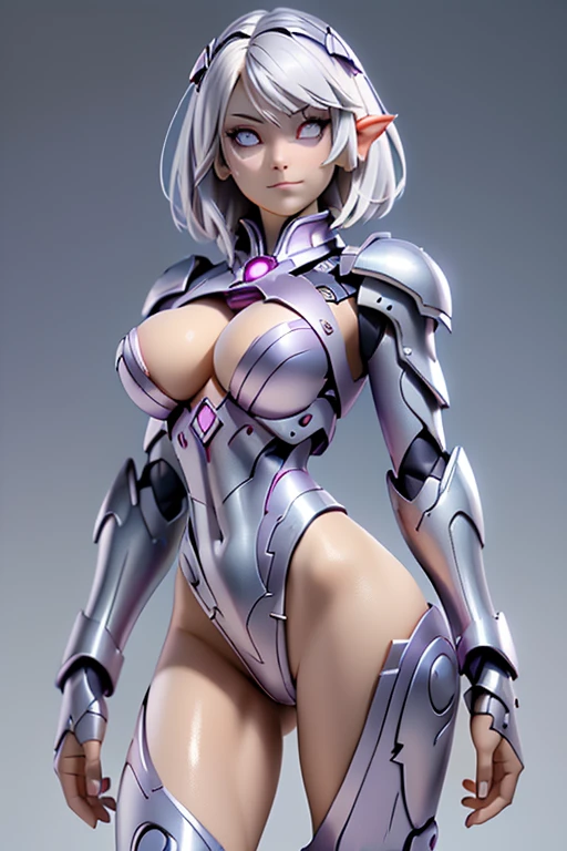 ((best quality)), ((masterpiece)), (detailed), (Female drow slave bikini chest covered)(smile) Gray skin, pale golden hair and violet eyes. She prefer's clothing of white and silver with cloaks of deep blue or purple iron man skimpy armor, grey background, huge_knockers, ((very precise detailed)) ((highres)
