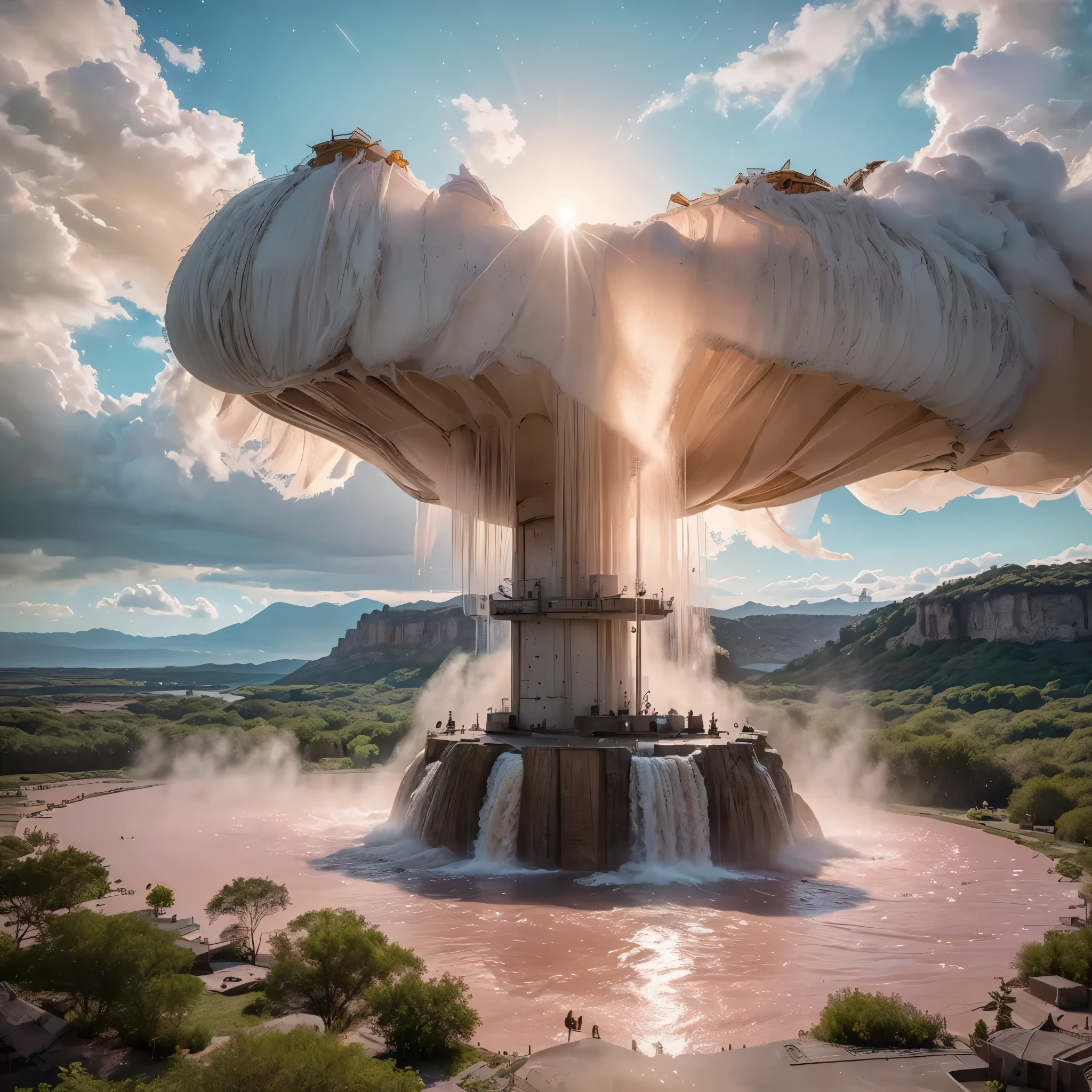 (8k, highest quality, masterpiece, final fantasy style: 1.2), (unRealistic, photoRealistic: 1.37), Dreamy landscape, Fantasy, Unsurreal landscapes, Super detailed, Flying Castle, Floating Island in the Sky, Seven-colored swirl of light, Intense lightning, nebulas,Complex Light, Colored light, blue clear Large Lake, Starry sky reflected on the lake surface, Countless shining stars, Meteors, Reflections , (A pillar of light emanated from the ground:1,2), (((roses and orchids gardens , bright day , pink and blue clouds, waterfalls in the sky, realistic style, Hyperrealistic drawing, a flying pirate spaceship floating high above the clouds)))) , burning skyscrapers, , timeless realms, stunning princess , casting spell, healing light magic effect, in a magical lagoon of the fairyland, crystal clear water surface reflections, sharp focus, looking at viewer, (close-up:0.9), (bright white theme:1.2), (bright white tone:1.2), (deep blue tone:1.3),((( realistic, Hyperrealism, vivid colours , landscapes , alien nature , science fiction themes))),