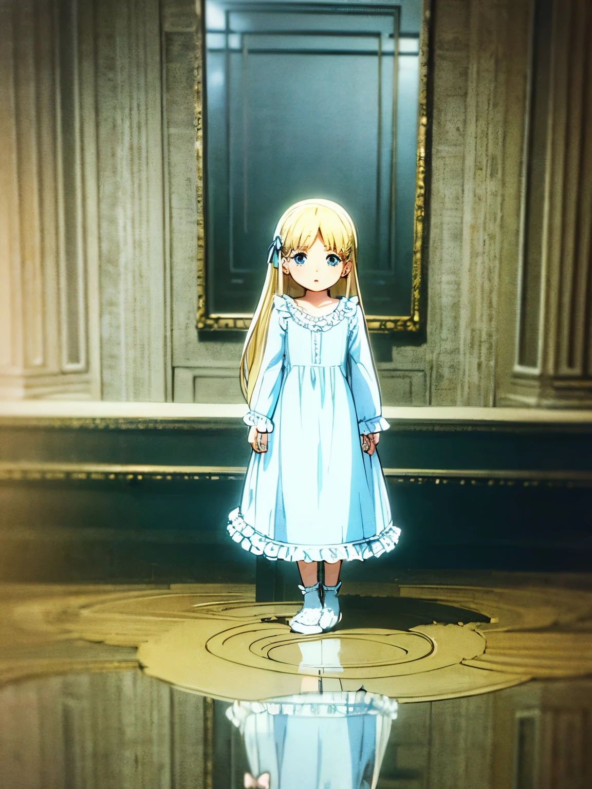highest quality, masterpiece, highest resolution, artwork, super get used to it, many become familiar with, become familiar with, get used to it,change,(),girl, ((((10 y,european,Blonde long hair,blue eyes,night wear,((((white nightgown)))),((フリルとリボンの付いたwhite nightgown)),((1920 style nightgowns)),((Nightcap with frills and ribbon)),victorian nightgowns,Yoke collar with ruffles and ribbons,Long sleeves with ruffles,Long skirt up to the ankle,((The whole body is reflected)),Before bedtime,White ruffled socks,