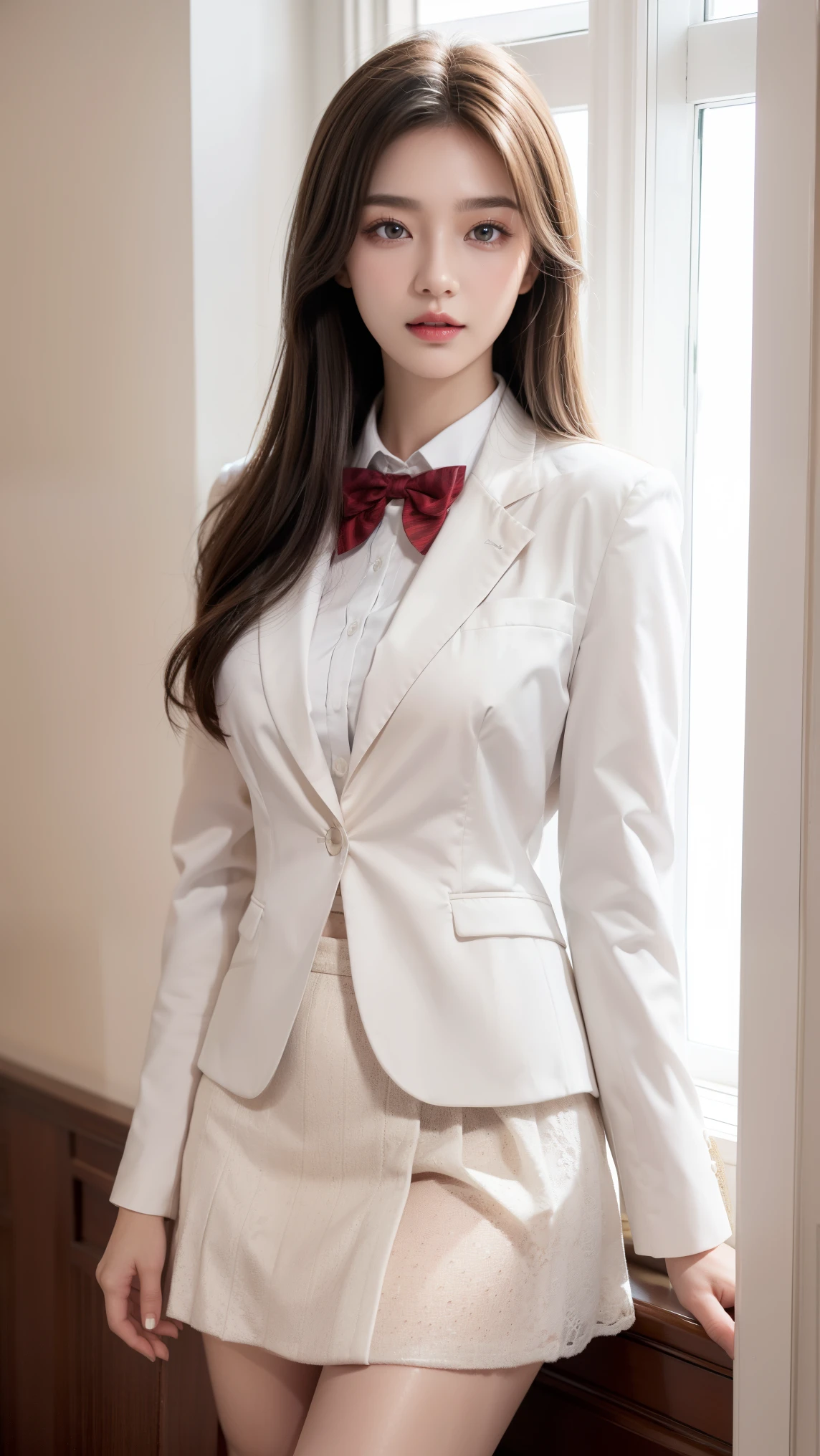 The highest quality of work,actual work,Ultra-premium graphics,8K HD CG 작동,High-quality graphics,고화질 CG Work,10x Pixel,Very fine detail:1.1,Advanced technical details:1.1 realistic,실내 lighting effects:1.5,natural light:1.5. lighting effects(virtual lighting effects:1.8),Super high resolution,shining赤いドレス,長いsilver hair,silver hair,transparent hair,Hair that pays attention to detail(Premium hair details:1.1)clear eyes,Your double eyelids are pretty,Sharp eye makeup, Delicate eyelash makeup, thin eyebrows, very detailed eyes,high nose, I like red lips, rose cheek, A face with delicate makeup , Cute face, perfectly balanced face,(Advanced facial details:1.1),shining,very coolドレス,Bright Red Series,(White Blazer) 、(white blouse)、(red bowtie)、(check skirt)、、girl 、Photo shoot,female'Work,full body portrait,realism,very cool,Your eyes are sparkling today too,pudency、(pudency胸に手を添える),