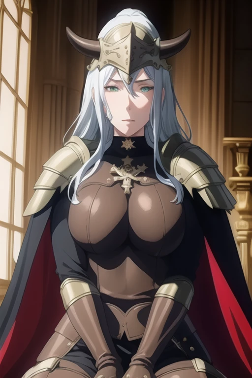 (high quality:1.2), intricate detailed, colorful,
VanessaCromwell, 1girl, mature female, solo, cowboy shot,
looking at viewer, determined,
white hair, long hair, green eyes,
armor, breastplate, shoulder armor, bodysuit, horned helmet, gloves, cape, cloak, (cape covering her arms 1.2)
large breasts, 
Room, sitting
 