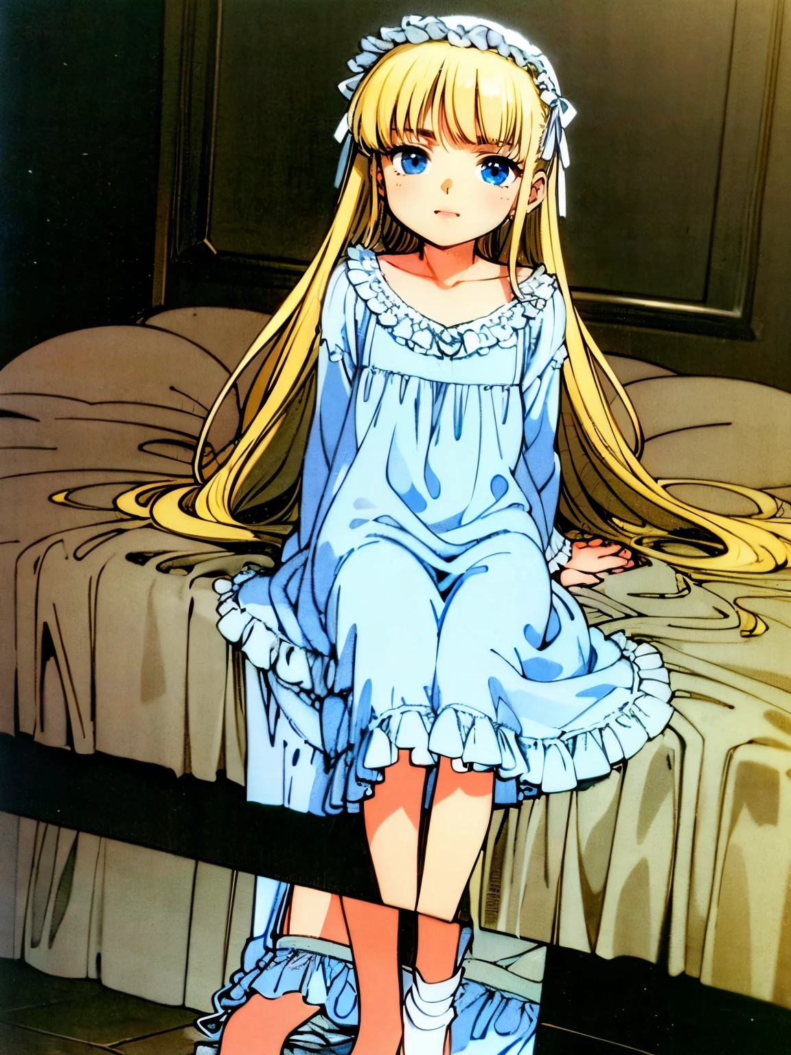 highest quality, masterpiece, highest resolution, artwork, super get used to it, many become familiar with, become familiar with, get used to it,change,(Loli),girl, ((((10 years old)))),european,Blonde long hair,blue eyes,night wear,((((white nightgown)))),((フリルとリボンの付いたwhite nightgown)),((1920 style nightgowns)),((Nightcap with frills and ribbon)),victorian nightgowns,Yoke collar with ruffles and ribbons,Long sleeves with ruffles,Long skirt up to the ankle,((The whole body is reflected)),Before bedtime,White ruffled socks,