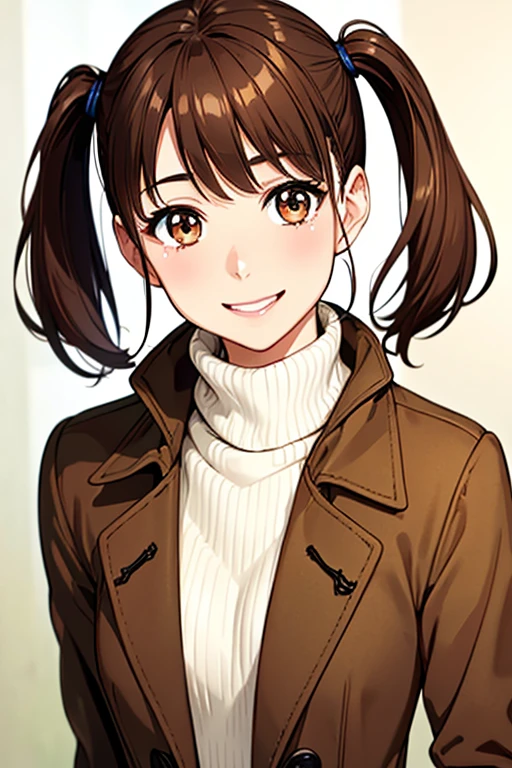 Yumi Fukuzawa、Shiny brown hair,Medium Hair, 、(( , Twin tails、)),Beautiful brown eyes、Sparkling eyes, fine grain、smile、Very fine eye、Highly detailed face, Highly detailed eyes,Cowboy Shot、

masterpiece、High resolution、High resolution、High resolution、1 female、Very close、
((Depiction of only the upper body、chest))、((Brown Hair、))、優しいsmile、Laughing with your mouth open、((Wear a brown coat over a white turtleneck sweater))