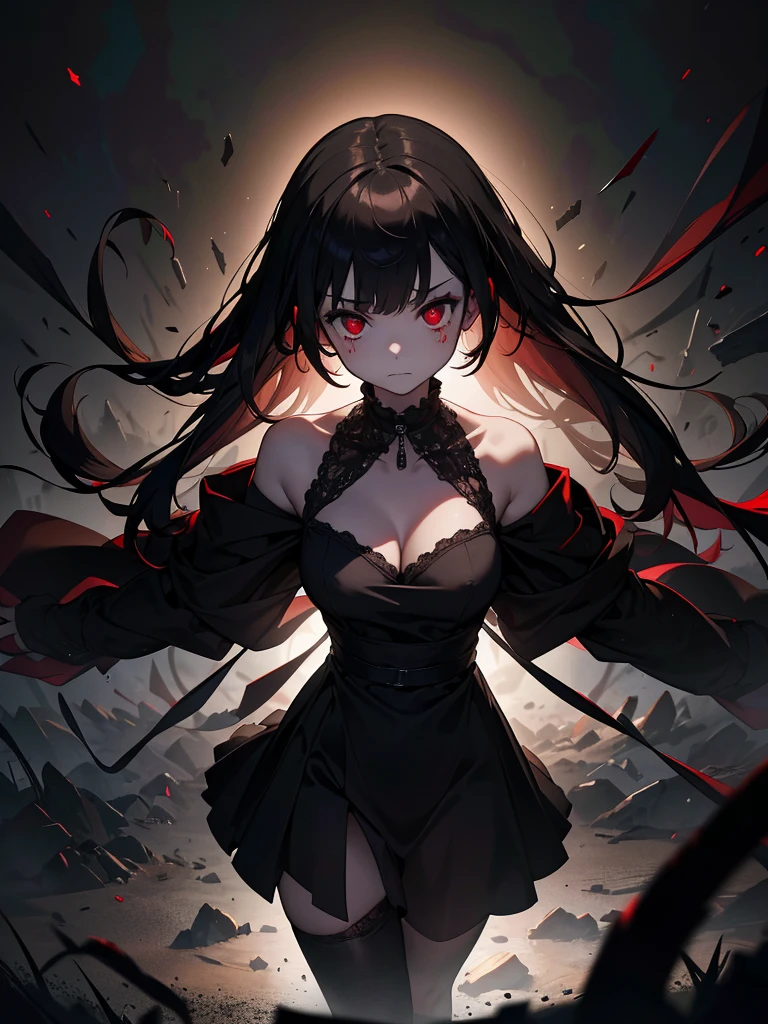 Black maid outfit, whole body, Long black hair,Red eyes,In the spotlight,(It generates high-quality female works with a dark and insane horror movie-like world view centered on black. She has a creepy and attractive physique、whole body黒のファッションスタイルを着ています. The background is a dark and desolate landscape, An atmosphere like a horror movie setting. Her figure is terrifyingly beautiful, Emphasizing dark and insane elements. Light and shadow effects are skillfully expressed, detailed, The face and expression in the black attire are meticulously drawn, Artistic elements add depth to the work. The overall atmosphere exudes an eerie and nightmarish worldview, With a unique artistic touch. This movie is、It depicts the dark and insane world of a horror movie in high quality, Evoke visual stimuli and aesthetic sense, It will give viewers fear and excitement. It produces a work that blends the dark and insane worldview of a horror movie with artistic elements