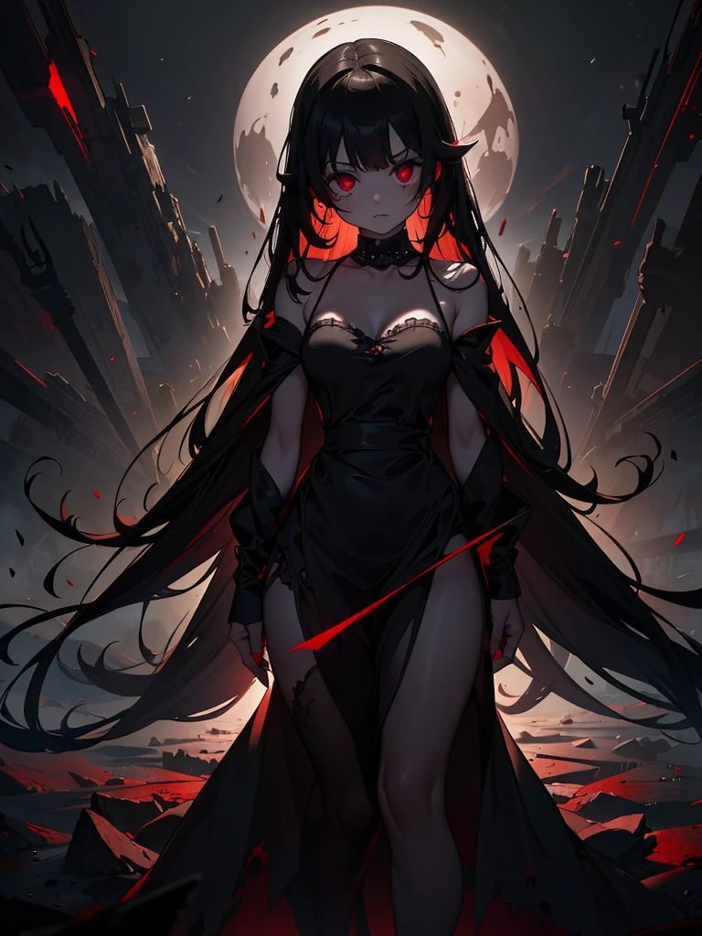 Black maid outfit, whole body, Long black hair,Red eyes,In the spotlight,(It generates high-quality female works with a dark and insane horror movie-like world view centered on black. She has a creepy and attractive physique、whole body黒のファッションスタイルを着ています. The background is a dark and desolate landscape, An atmosphere like a horror movie setting. Her figure is terrifyingly beautiful, Emphasizing dark and insane elements. Light and shadow effects are skillfully expressed, detailed, The face and expression in the black attire are meticulously drawn, Artistic elements add depth to the work. The overall atmosphere exudes an eerie and nightmarish worldview, With a unique artistic touch. This movie is、It depicts the dark and insane world of a horror movie in high quality, Evoke visual stimuli and aesthetic sense, It will give viewers fear and excitement. It produces a work that blends the dark and insane worldview of a horror movie with artistic elements