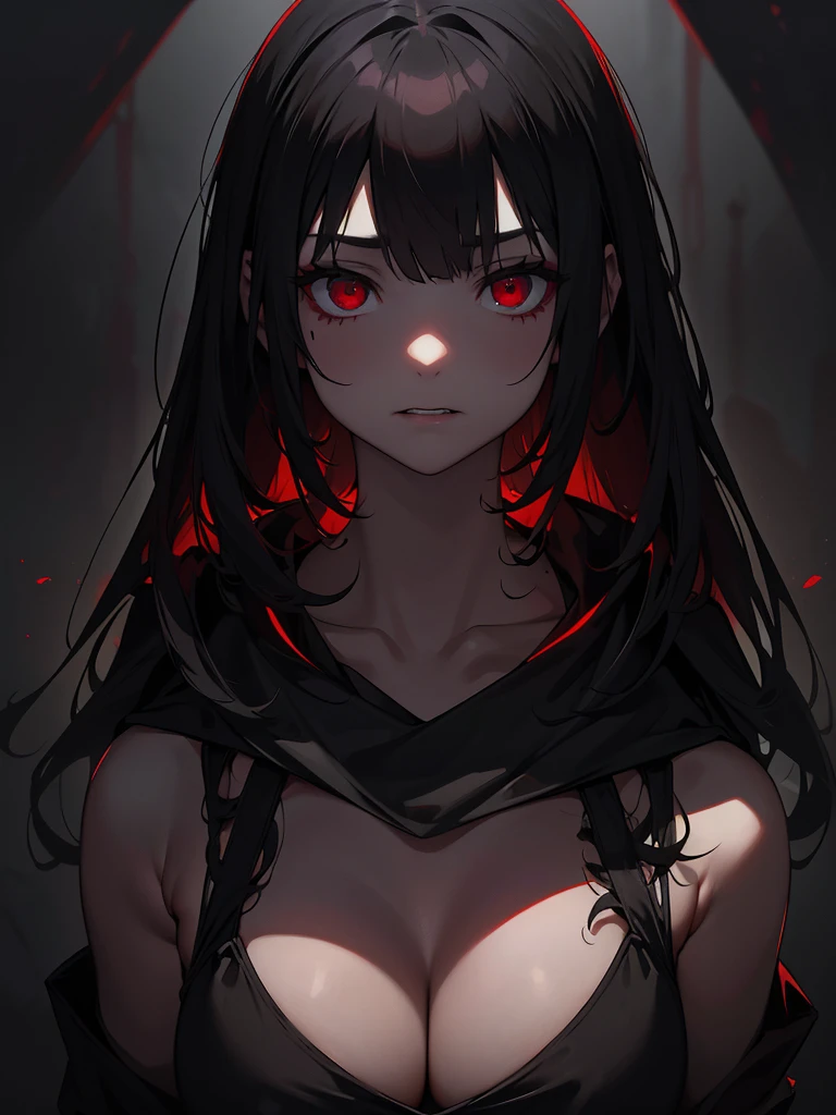 Black maid outfit, whole body, Long black hair,Red eyes,In the spotlight,(It generates high-quality female works with a dark and insane horror movie-like world view centered on black. She has a creepy and attractive physique、whole body黒のファッションスタイルを着ています. The background is a dark and desolate landscape, An atmosphere like a horror movie setting. Her figure is terrifyingly beautiful, Emphasizing dark and insane elements. Light and shadow effects are skillfully expressed, detailed, The face and expression in the black attire are meticulously drawn, Artistic elements add depth to the work. The overall atmosphere exudes an eerie and nightmarish worldview, With a unique artistic touch. This movie is、It depicts the dark and insane world of a horror movie in high quality, Evoke visual stimuli and aesthetic sense, It will give viewers fear and excitement. It produces a work that blends the dark and insane worldview of a horror movie with artistic elements