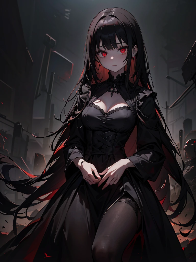 Black maid outfit, whole body, Long black hair,Red eyes,In the spotlight,(It generates high-quality female works with a dark and insane horror movie-like world view centered on black. She has a creepy and attractive physique、whole body黒のファッションスタイルを着ています. The background is a dark and desolate landscape, An atmosphere like a horror movie setting. Her figure is terrifyingly beautiful, Emphasizing dark and insane elements. Light and shadow effects are skillfully expressed, detailed, The face and expression in the black attire are meticulously drawn, Artistic elements add depth to the work. The overall atmosphere exudes an eerie and nightmarish worldview, With a unique artistic touch. This movie is、It depicts the dark and insane world of a horror movie in high quality, Evoke visual stimuli and aesthetic sense, It will give viewers fear and excitement. It produces a work that blends the dark and insane worldview of a horror movie with artistic elements