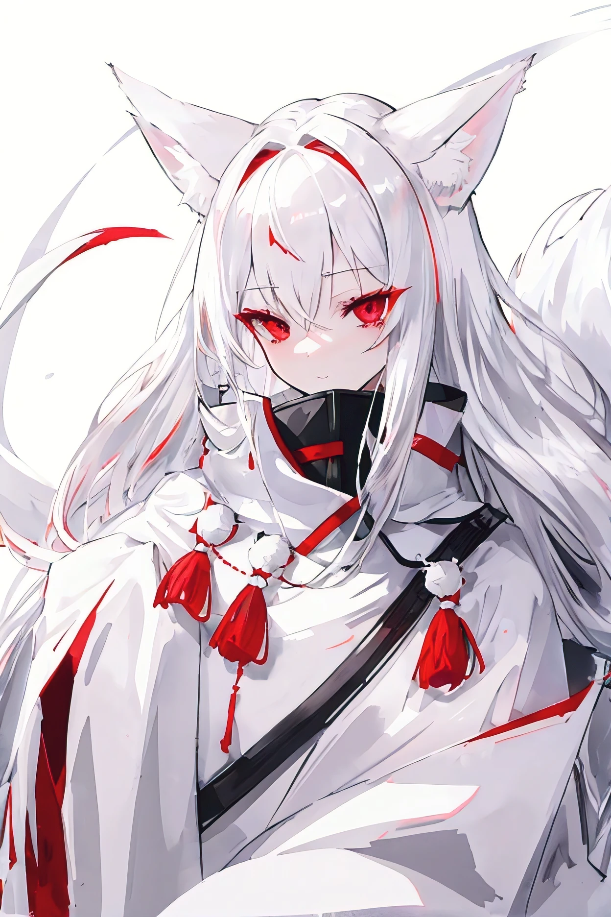 Silver hair, long hair, red eyes, cute face,sexy, White fox ears, nine white fox tails, There is a white fox mask on the top right of the head,white jacket 