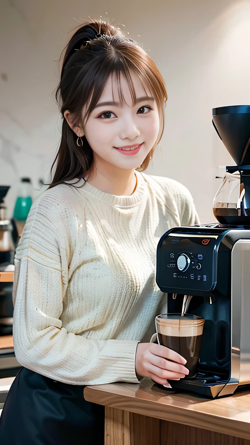 Japanese ID ,((cute ,Baby Face:1.2)),(8K, RAW Photos, Very detailedな, Highest quality:1.2), (Realistic, Photorealistic:1.4), (Very detailed, Ultra-high resolution ,beautiful, Tabletop:1.2), ,Very detailed顔と目,Shiny skin,(Upper Body:1.Professional Lighting,Soft Light, Sharp focus, Written boundary depth,ponytail,smile ,Earrings, (sweater :1.3),Bokeh,( A modern, minimalist cafe with white walls and sleek black furniture, wall abstract art, A barista expertly brews coffee behind a shiny espresso machine. :1.3)