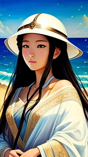 The painting on the canvas、the same woman seen on the beach is delicately depicted.
God々she exudes a mystical atmosphere and confronts you with an intimidating presence.。
she was a very beautiful woman with、a loose robe and、
she carries a spear and a shield engraved with a distinctive emblem of a star with an eye in it、a Greek-style helmet on her head.
At the edge of the painting「My Goddess」It stated that