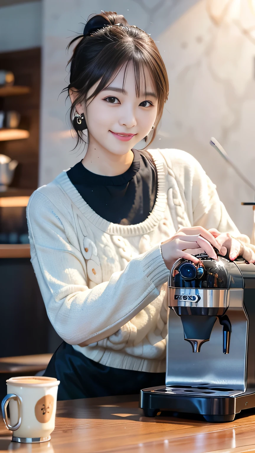 Japanese ID ,((cute ,Baby Face:1.2)),(8K, RAW Photos, Very detailedな, Highest quality:1.2), (Realistic, Photorealistic:1.4), (Very detailed, Ultra-high resolution ,beautiful, Tabletop:1.2), ,Very detailed顔と目,Shiny skin,(Upper Body:1.Professional Lighting,Soft Light, Sharp focus, Written boundary depth,ponytail,smile ,Earrings, (sweater :1.3),Bokeh,( A modern, minimalist cafe with white walls and sleek black furniture, wall abstract art, A barista expertly brews coffee behind a shiny espresso machine. :1.3)