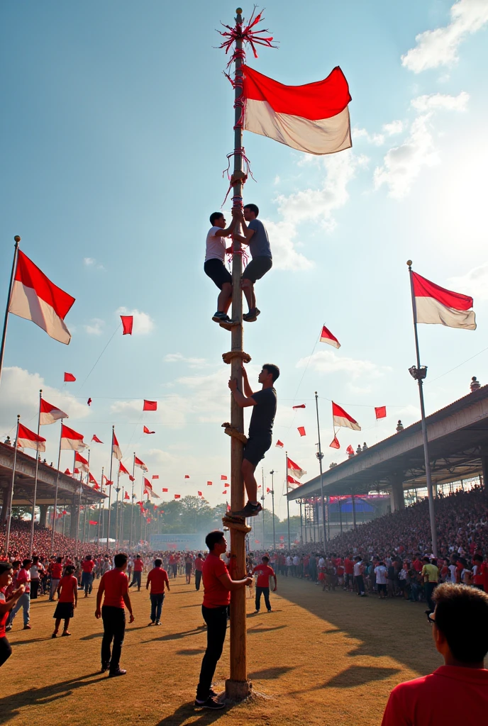Picture of people taking part in a pole climbing competition to commemorate Independence Day and there are many Indonesian flags there.