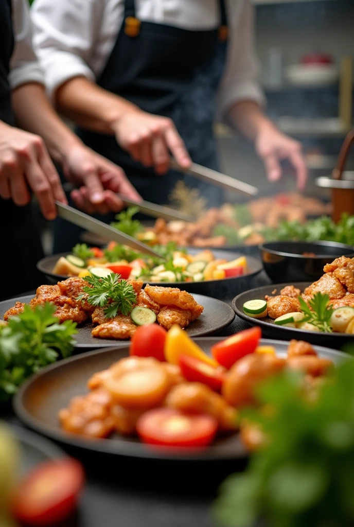 Close-ups of a chef and his team in action, preparing vibrant dishes with fresh ingredients. Hands are shown cutting vegetables, mixing sauces and cooking on the grill, highlighting the care and experience in each step.