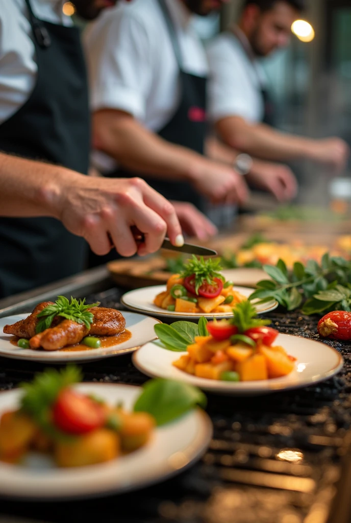 Close-ups of a chef and his team in action, preparing vibrant dishes with fresh ingredients. Hands are shown cutting vegetables, mixing sauces and cooking on the grill, highlighting the care and experience in each step.