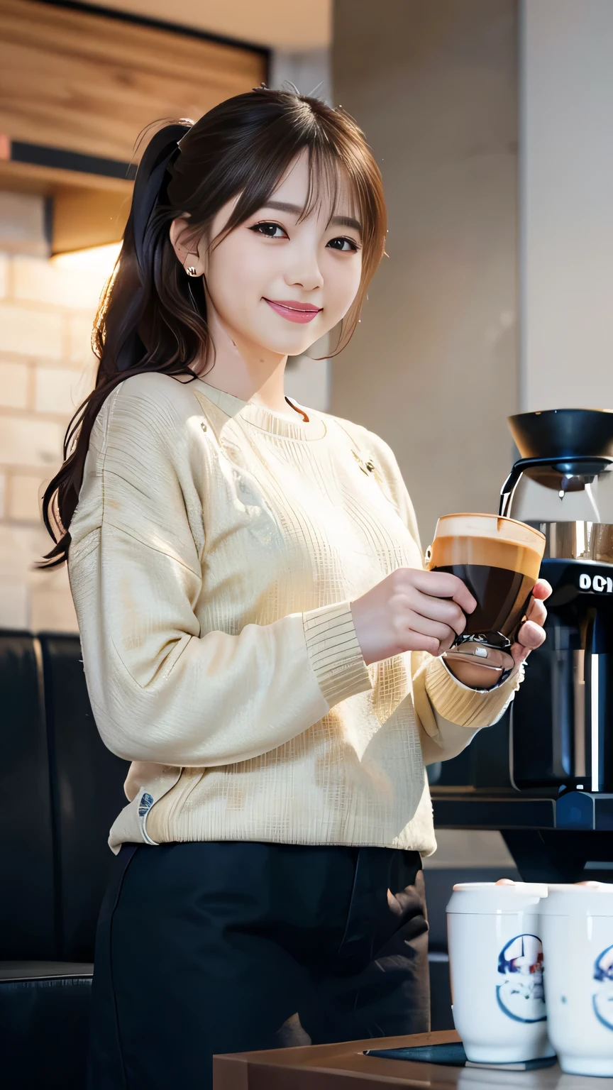 Japanese ID ,((cute ,Baby Face:1.2)),(8K, RAW Photos, Very detailedな, Highest quality:1.2), (Realistic, Photorealistic:1.4), (Very detailed, Ultra-high resolution ,beautiful, Tabletop:1.2), ,Very detailed顔と目,Shiny skin,(Upper Body:1.Professional Lighting,Soft Light, Sharp focus, Written boundary depth,ponytail,smile ,Earrings, (sweater :1.3),Bokeh,( A modern, minimalist cafe with white walls and sleek black furniture, wall abstract art, A barista expertly brews coffee behind a shiny espresso machine. :1.3)