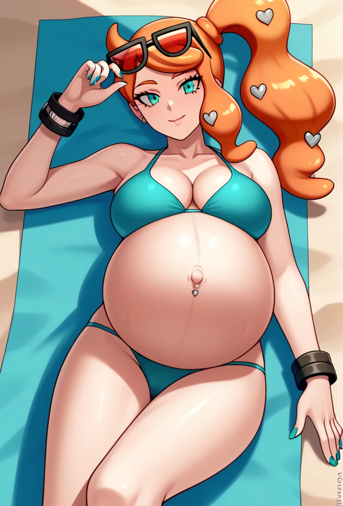 score_9, score_7_up BREAK solo,EPpkSonia,orange hair, side ponytail, aqua eyes, long hair, eyewear on head, sunglasses, heart hair ornament, best quality, clear face, 1girl, aqua bikini, pregnant, large belly, Belly button piercing, cleavage, bracelet, collarbone, panties, nail polish, aqua nails, aqua toenails, beach, looking at viewer, cowboy shot, solo, pregnant, possing, Lying down, rubbing her belly