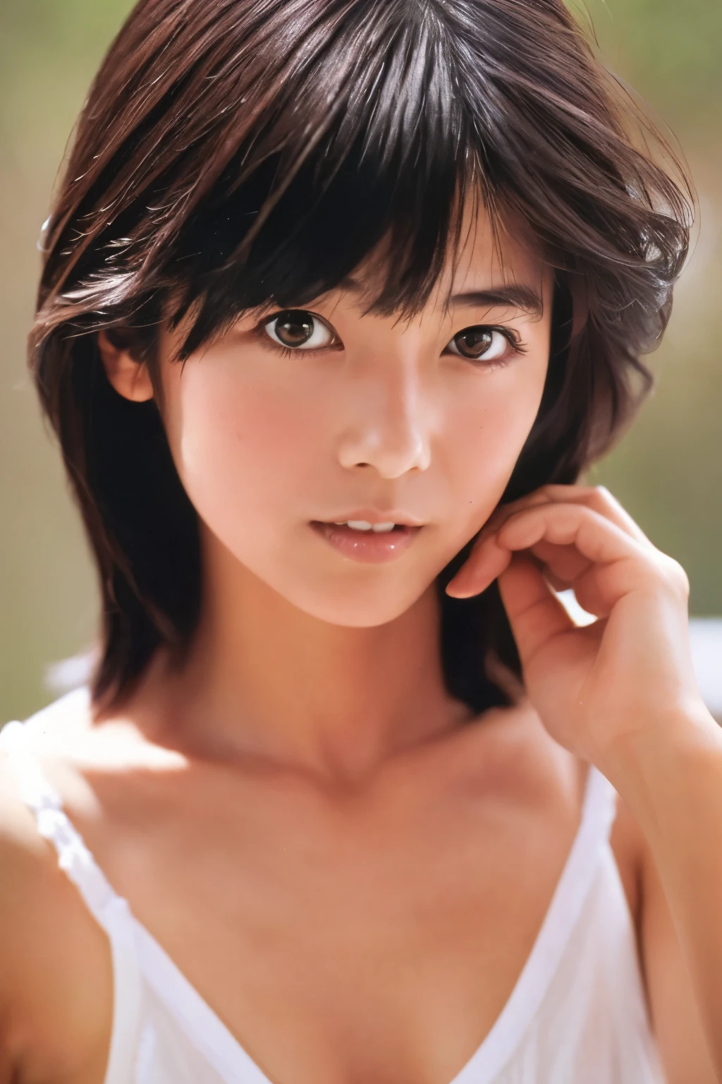 Masterpiece, Photogravure, High quality, High resolution, a photo captured the beautiful moment of a skinny Japanese woman, 24 years old, {long|short} hair, cute face, detailed face, detailed eyes, anatomically correct body