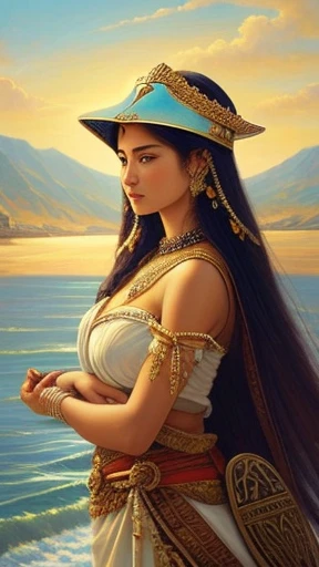 The painting on the canvas、the same woman seen on the beach is delicately depicted.
God々she exudes a mystical atmosphere and confronts you with an intimidating presence.。
she was a very beautiful woman with、a loose robe and、
she carries a spear and a shield engraved with a distinctive emblem of a star with an eye in it、a Greek-style helmet on her head.
At the edge of the painting「My Goddess」It stated that