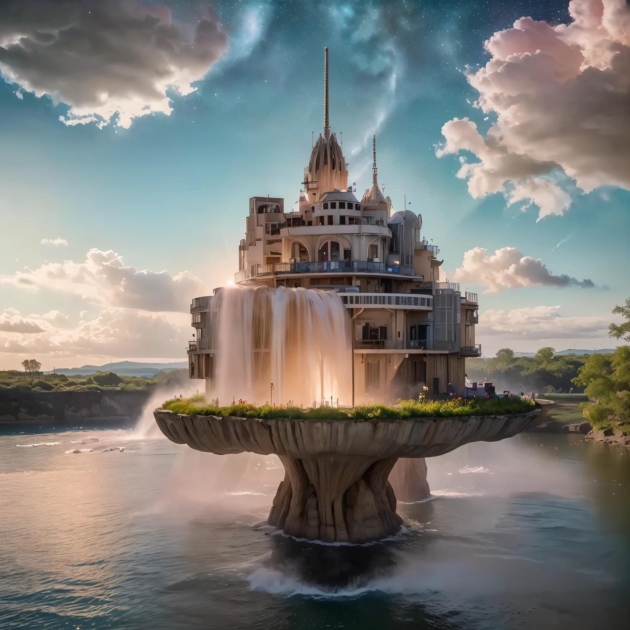 (8k, highest quality, masterpiece, final fantasy style: 1.2), (unRealistic, photoRealistic: 1.37), Dreamy landscape, Fantasy, Unsurreal landscapes, Super detailed, Flying Castle, Floating Island in the Sky, Seven-colored swirl of light, Intense lightning, nebulas,Complex Light, Colored light, blue clear Large Lake, Starry sky reflected on the lake surface, Countless shining stars, Meteors, Reflections , (A pillar of light emanated from the ground:1,2), (((roses and orchids gardens , bright day , pink and blue clouds, waterfalls in the sky, realistic style, Hyperrealistic drawing, a flying pirate spaceship floating high above the clouds)))) , burning skyscrapers, , timeless realms, stunning princess , casting spell, healing light magic effect, in a crystal clear blue magical lagoon of the fairyland, crystal clear water silver surface reflections, sharp focus, looking at viewer, (close-up:0.9), (bright white theme:1.2), (bright white tone:1.2), (deep blue tone:1.3),((( realistic, Hyperrealism, vivid colours , landscapes , alien nature , science fiction themes))),