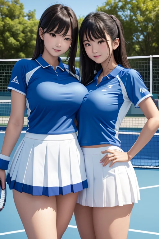 Blue Tennis Wear、White pleated skirt、2A 20-year-old Japanese woman、Large Breasts、Thick thighs、Tennis court、They are embracing, gazing into each other's eyes.、Bring your face closer、Realistically