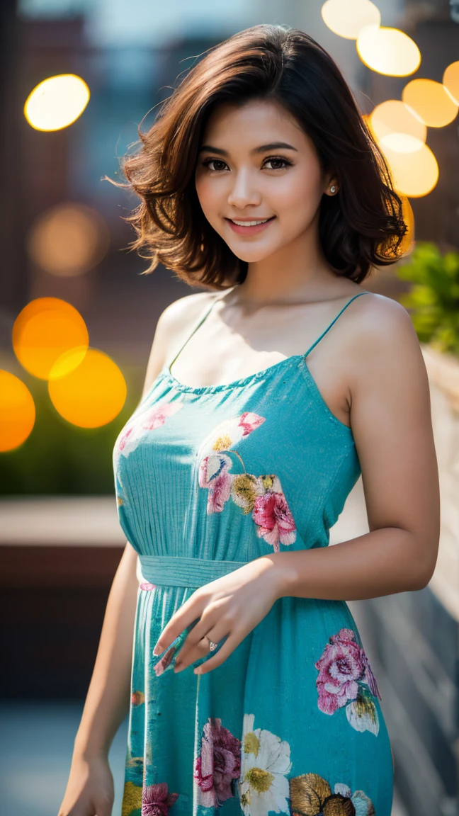 a beautiful girl with short curly brown hair,smiling,,dressed in a flower print sundress,brown eyes,(best quality,4k,8k,highres,masterpiece:1.2),ultra-detailed,(realistic,photorealistic,photo-realistic:1.37),HDR,UHD,studio lighting,ultra-fine painting,sharp focus,physically-based rendering,extreme detail description,professional,vivid colors,bokeh,pixel art,scenary