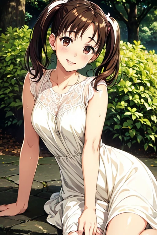 Yumi Fukuzawa、Shiny brown hair,Medium Hair, 、(( , Twin tails、)),Beautiful brown eyes、Sparkling eyes, fine grain、smile、Very fine eye、Highly detailed face, 非常にDetailed eyes,Cowboy Shot、

masterpiece、High resolution、High resolution、High resolution、1 female、(high quality, High resolution, The finer details), Stand in lush gardens, Tall trees with colorful flowers々It is surrounded by, Sunlight filtering through the trees, Gives off a warm and gentle glow, Amazing lacework white dress, alone, Curvy Women,  Sparkling eyes, (Detailed eyes:1.2), smile, blush, Sweat, Oily skin, Warm tones, The lighting is soft, Shallow depth of field
