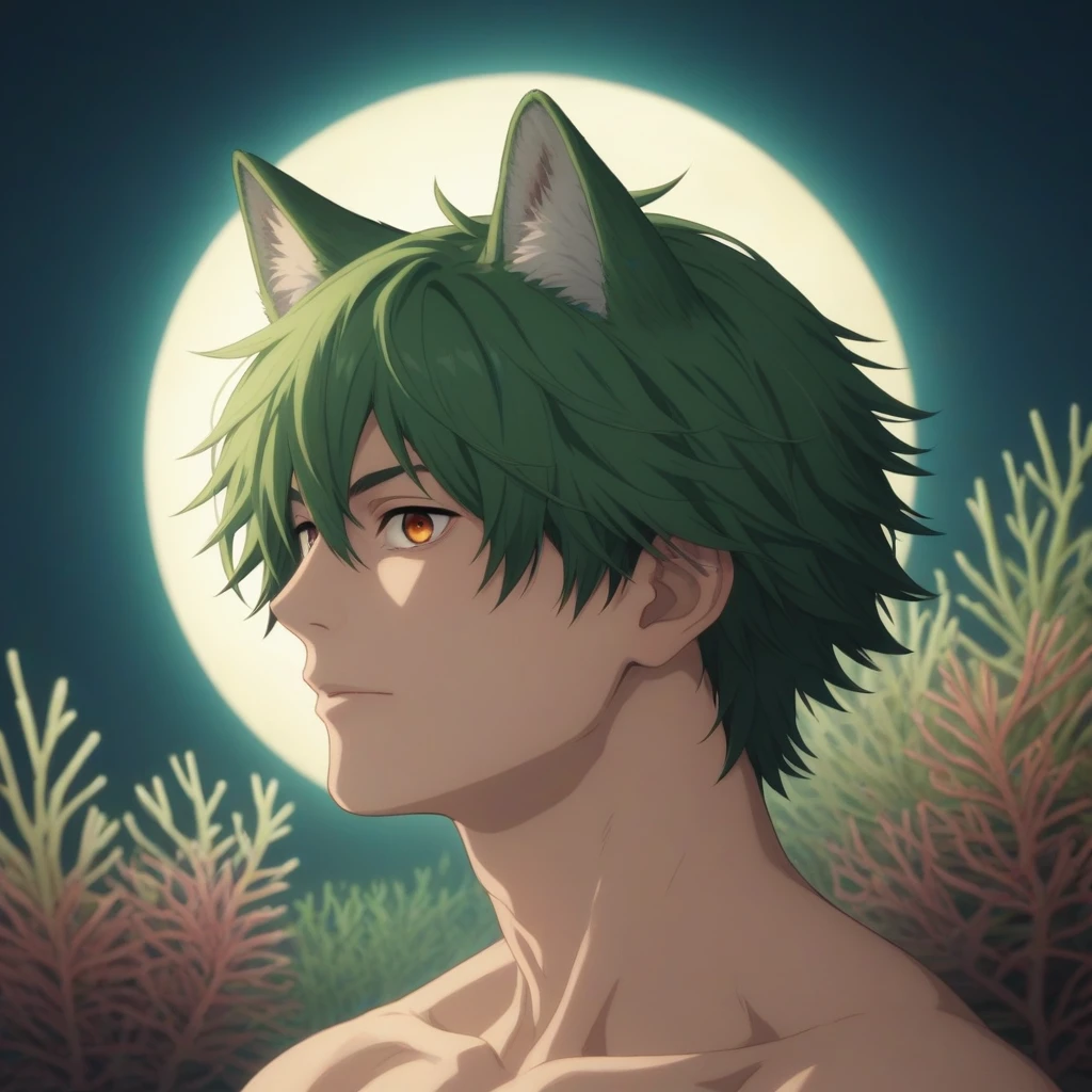 a young boy in anime style, looking at the viewer, 1 boy, male focus, coral eyes, green hair, alone, profile, night, crescent moon, (wolf ears), speaking, conversing, man with a chainsaw style, detailed, 8k, high quality, photo realistic, vivid colors, cinematic lighting, fantasy, digital art