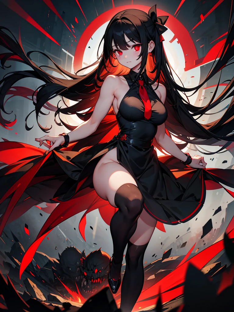 Black maid outfit, whole body, Long black hair,Red eyes,In the spotlight,(It generates high-quality female works with a dark and insane horror movie-like world view centered on black. She has a creepy and attractive physique、whole body黒のファッションスタイルを着ています