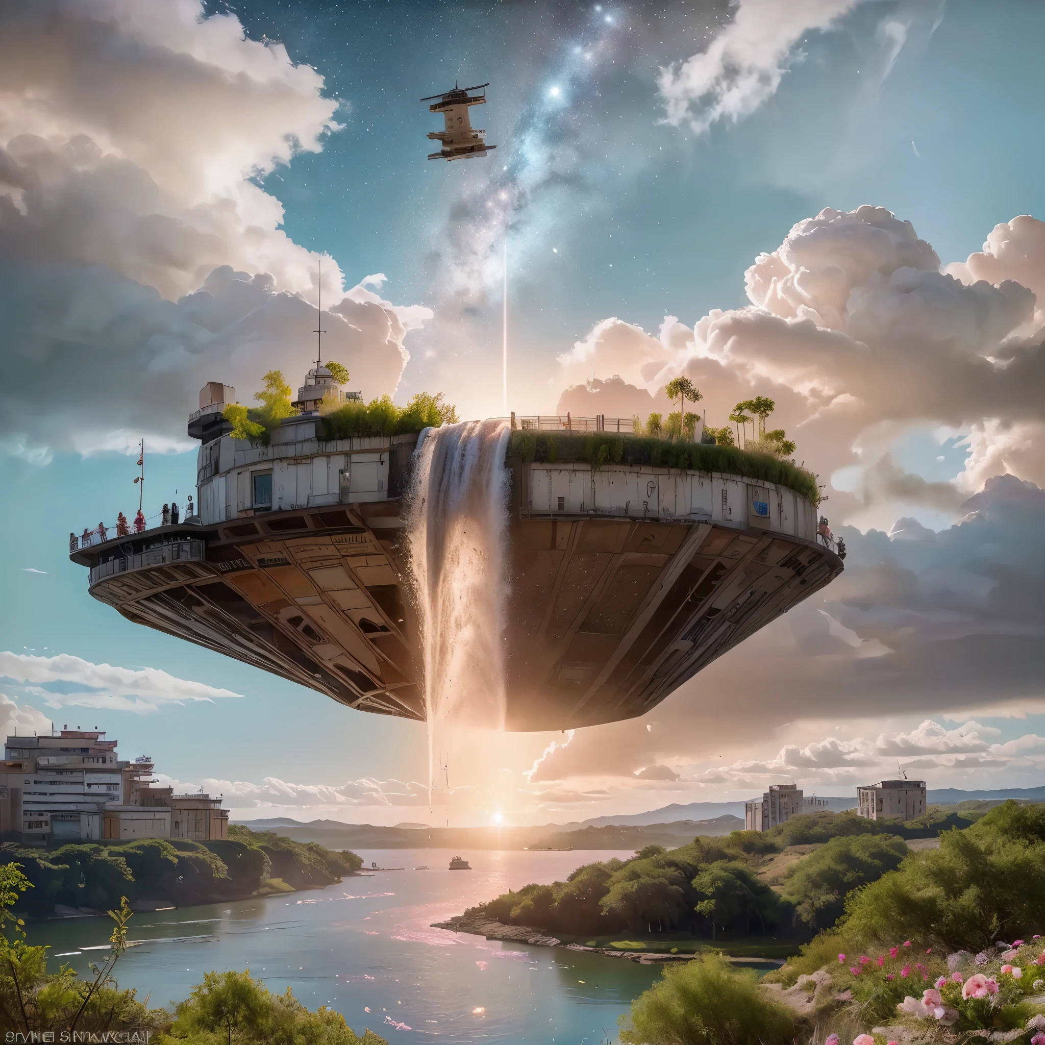 (8k, highest quality, masterpiece, final fantasy style: 1.2), (unRealistic, photoRealistic: 1.37), Dreamy landscape, Fantasy, Unsurreal landscapes, Super detailed, Flying Castle, Floating Island in the Sky, Seven-colored swirl of light, Intense lightning, nebulas,Complex Light, Colored light, blue clear Large Lake, Starry sky reflected on the lake surface, Countless shining stars, Meteors, Reflections , (A pillar of light emanated from the ground:1,2), (((roses and orchids gardens , bright day , pink and blue clouds, waterfalls in the sky, realistic style, Hyperrealistic drawing, a flying pirate spaceship floating high above the clouds)))) , burning skyscrapers, , timeless realms, stunning princess , casting spell, healing light magic effect, in a crystal clear blue magical lagoon of the fairyland, crystal clear water silver surface reflections, sharp focus, looking at viewer, (close-up:0.9), (bright white theme:1.2), (bright white tone:1.2), (deep blue tone:1.3),((( realistic, Hyperrealism, vivid colours , landscapes , alien nature , science fiction themes))),